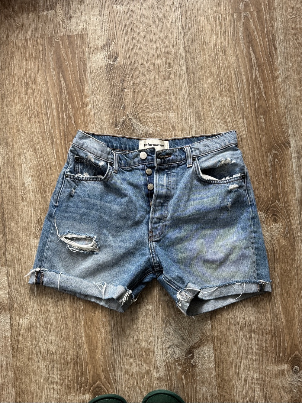 Reformation Blue Distressed Denim Shorts